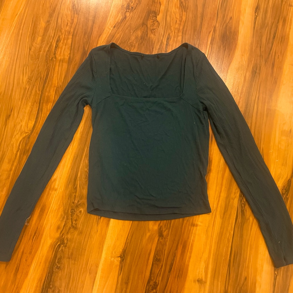 Ribbed Shirt Small Green Womens Long Sleeve Square Neck Pullover Top